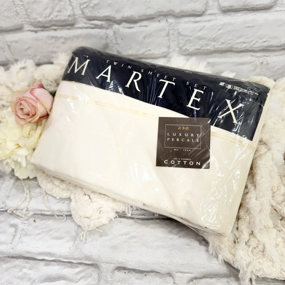 Vtg Martex 230 Luxury Percale Ivory Twin Sheet Set 100% Cotton Satin Accent